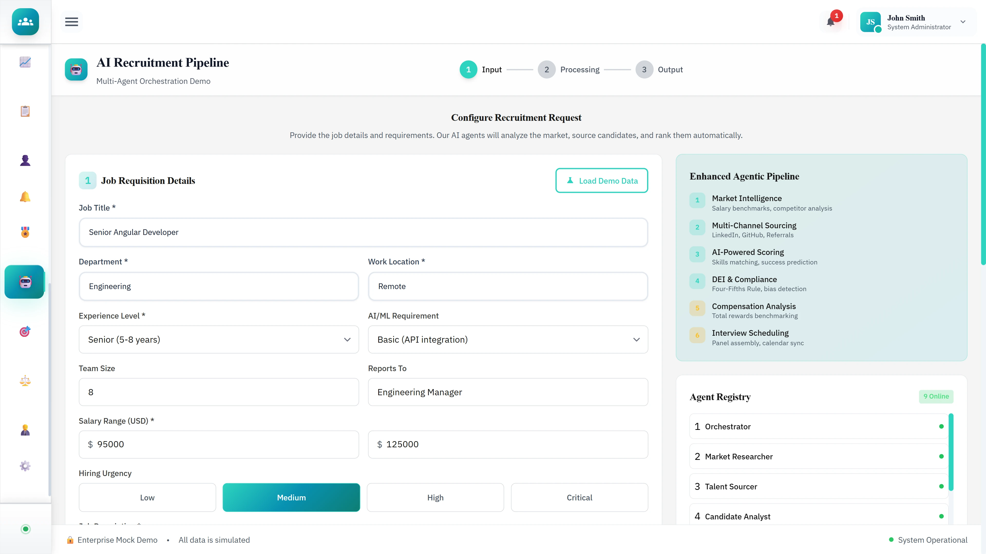 Illustrative preview (sample data, not verified outcomes): Job Requisition Configuration - Job details, salary range, hiring urgency, and enhanced agentic pipeline with agent registry