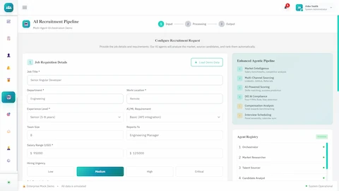 Illustrative preview (sample data, not verified outcomes): Job Requisition Configuration - Job details, salary range, hiring urgency, and enhanced agentic pipeline with agent registry