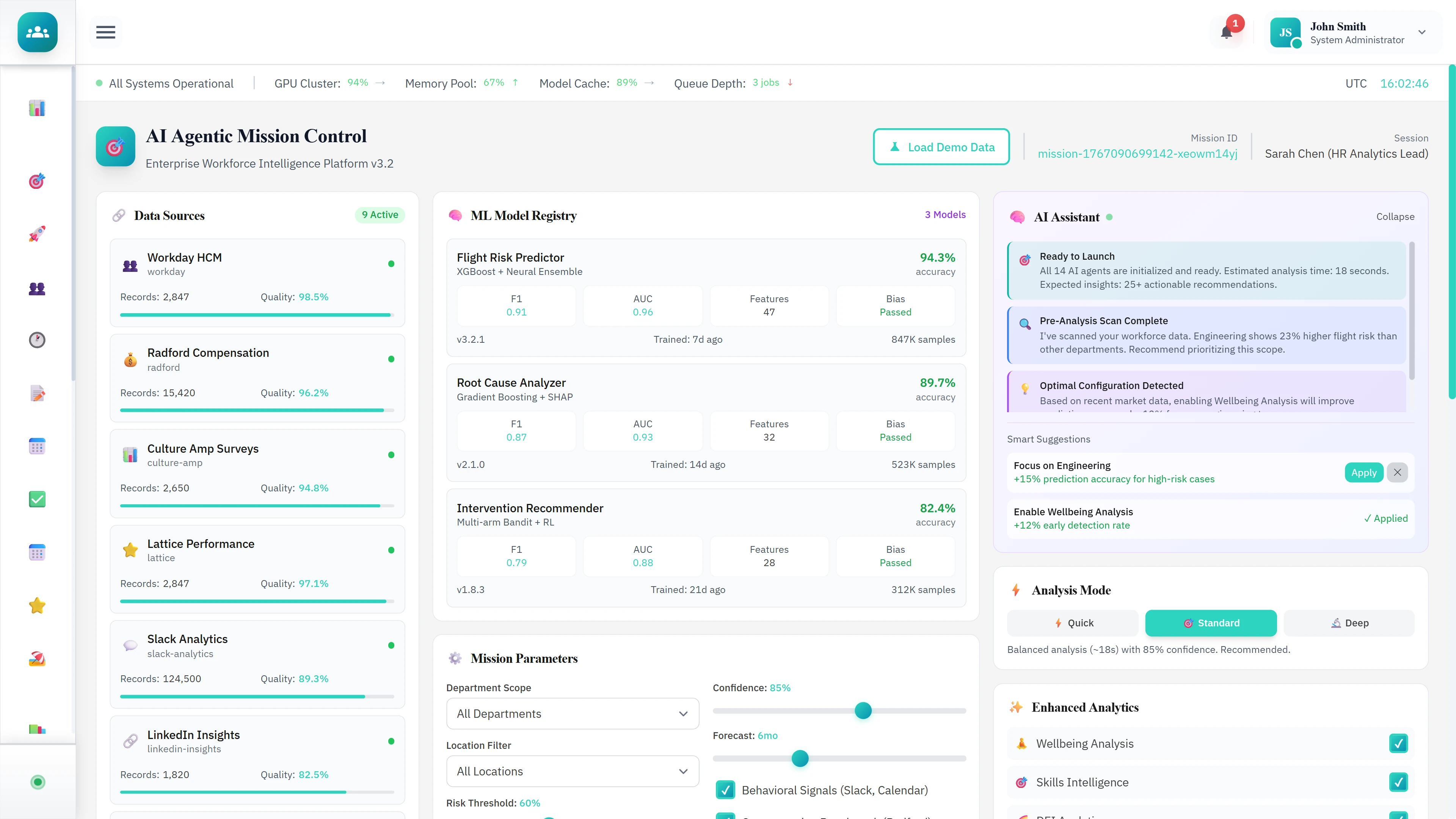 Illustrative preview (sample data, not verified outcomes): AI Agentic Mission Control - Data sources integration, ML model registry, mission parameters, and AI assistant panel