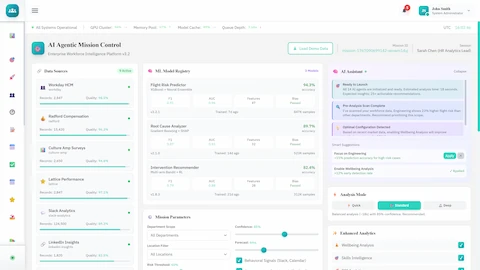 Illustrative preview (sample data, not verified outcomes): AI Agentic Mission Control - Data sources integration, ML model registry, mission parameters, and AI assistant panel