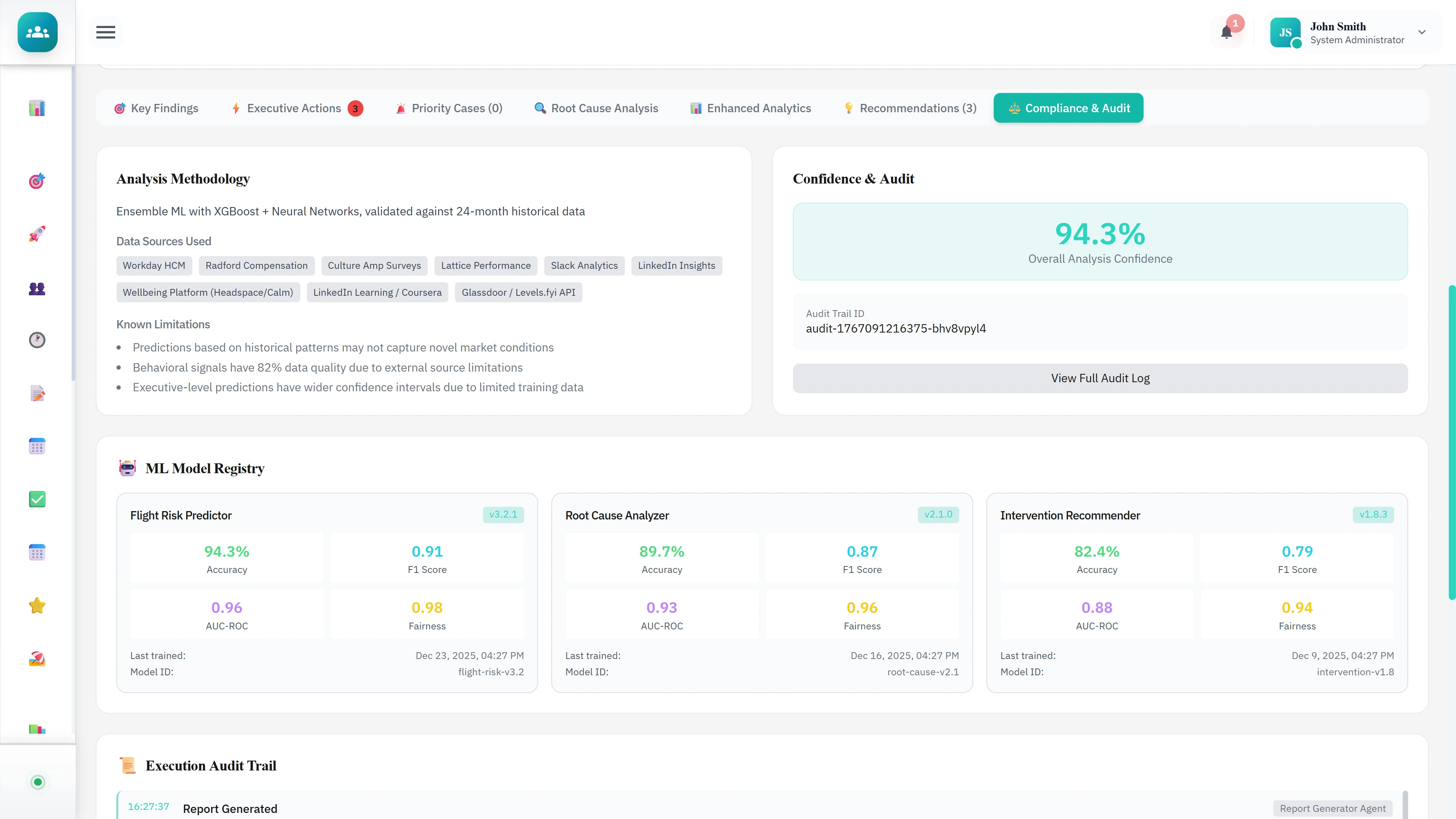 Illustrative preview (sample data, not verified outcomes): Compliance & Audit - Analysis methodology, ML model registry performance metrics, and execution audit trail