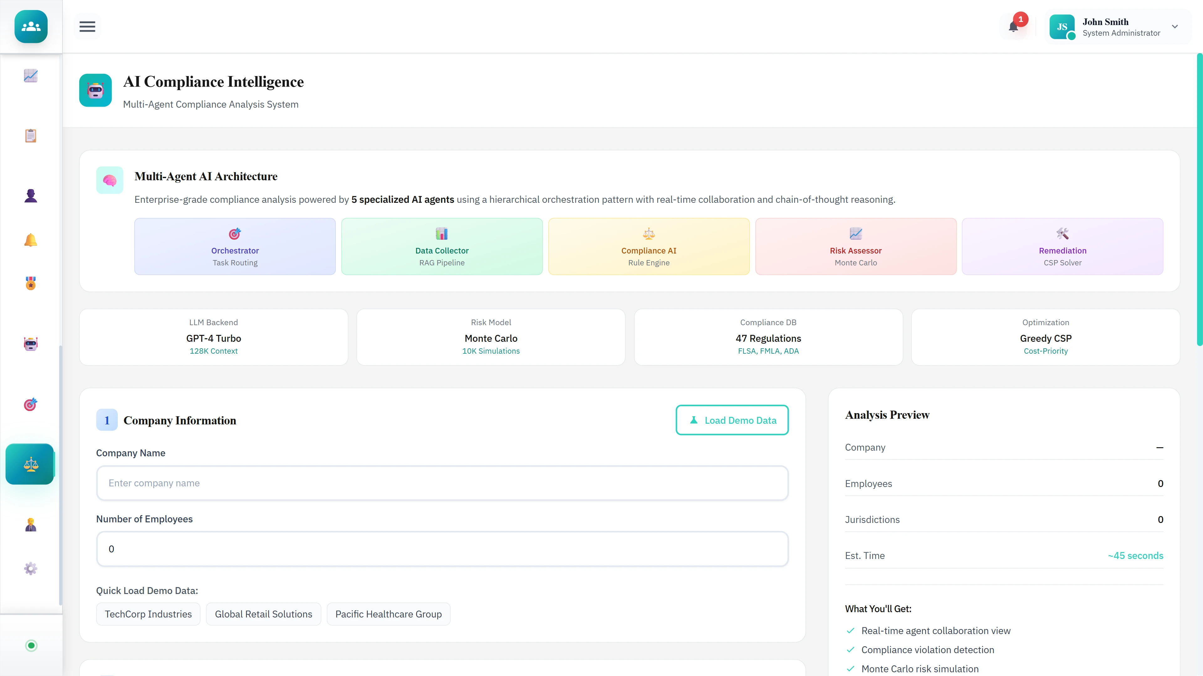 Illustrative preview (sample data, not verified outcomes): AI Compliance Intelligence - Multi-agent architecture overview, company information input, and analysis preview panel