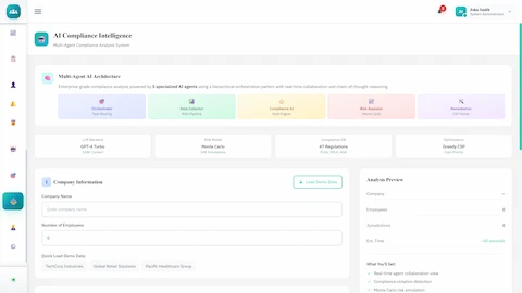 Illustrative preview (sample data, not verified outcomes): AI Compliance Intelligence - Multi-agent architecture overview, company information input, and analysis preview panel