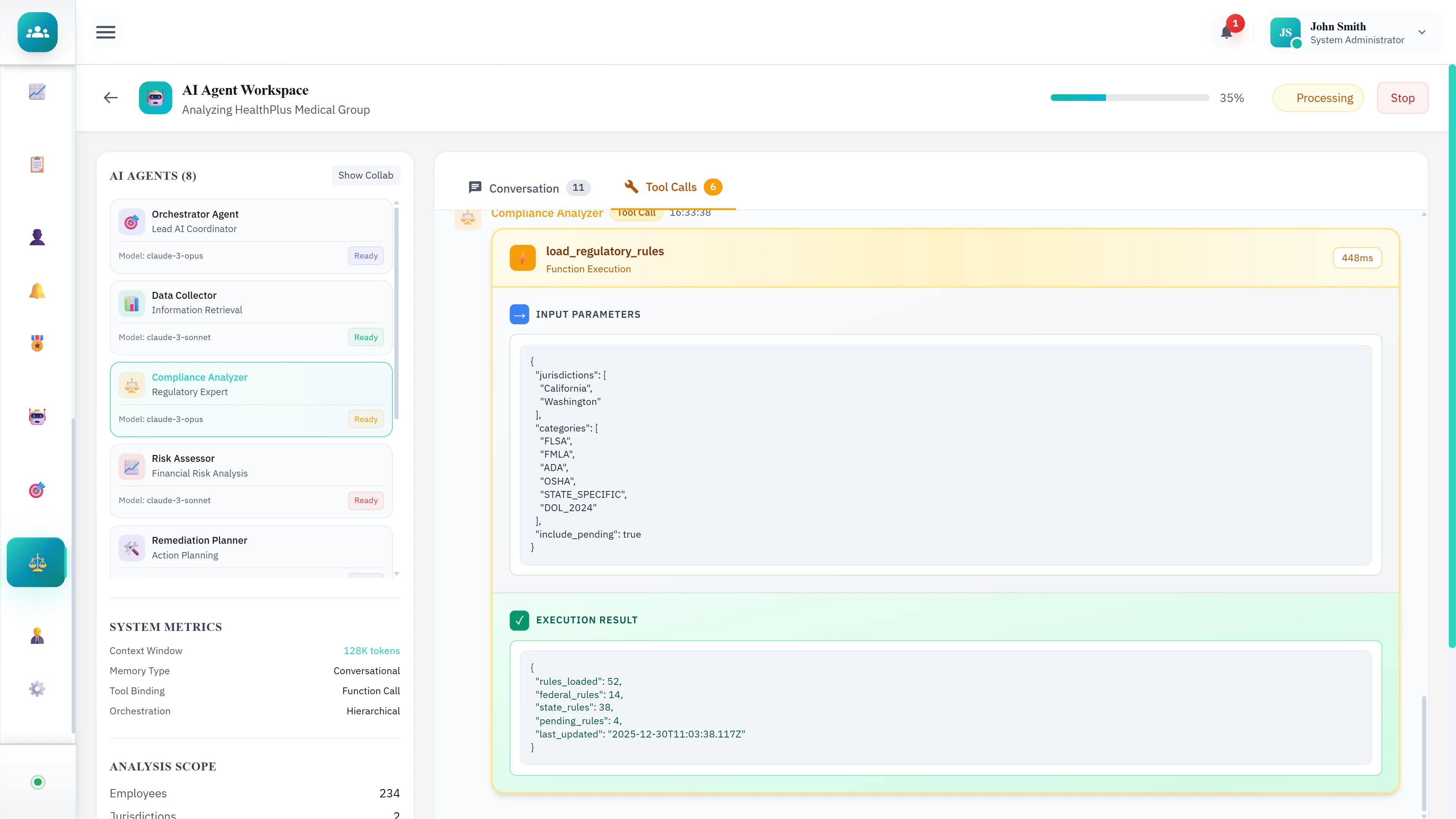 Illustrative preview (sample data, not verified outcomes): AI Agent Workspace - Agent panel with tool calls, regulatory rules execution, and real-time compliance analysis