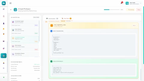 Illustrative preview (sample data, not verified outcomes): AI Agent Workspace - Agent panel with tool calls, regulatory rules execution, and real-time compliance analysis