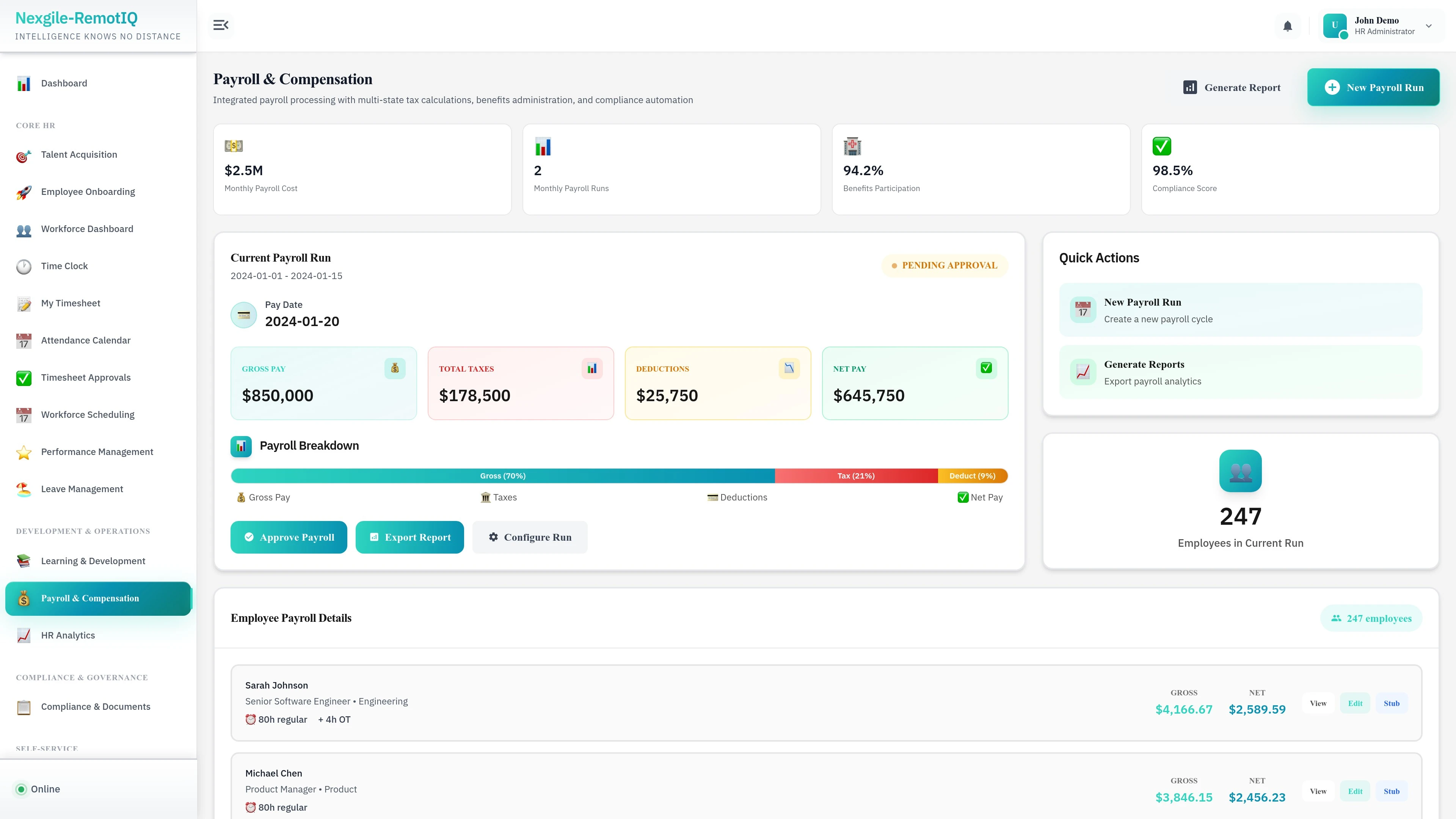 Illustrative preview (sample data, not verified outcomes): Payroll Management - Multi-state tax calculations and automated payroll processing