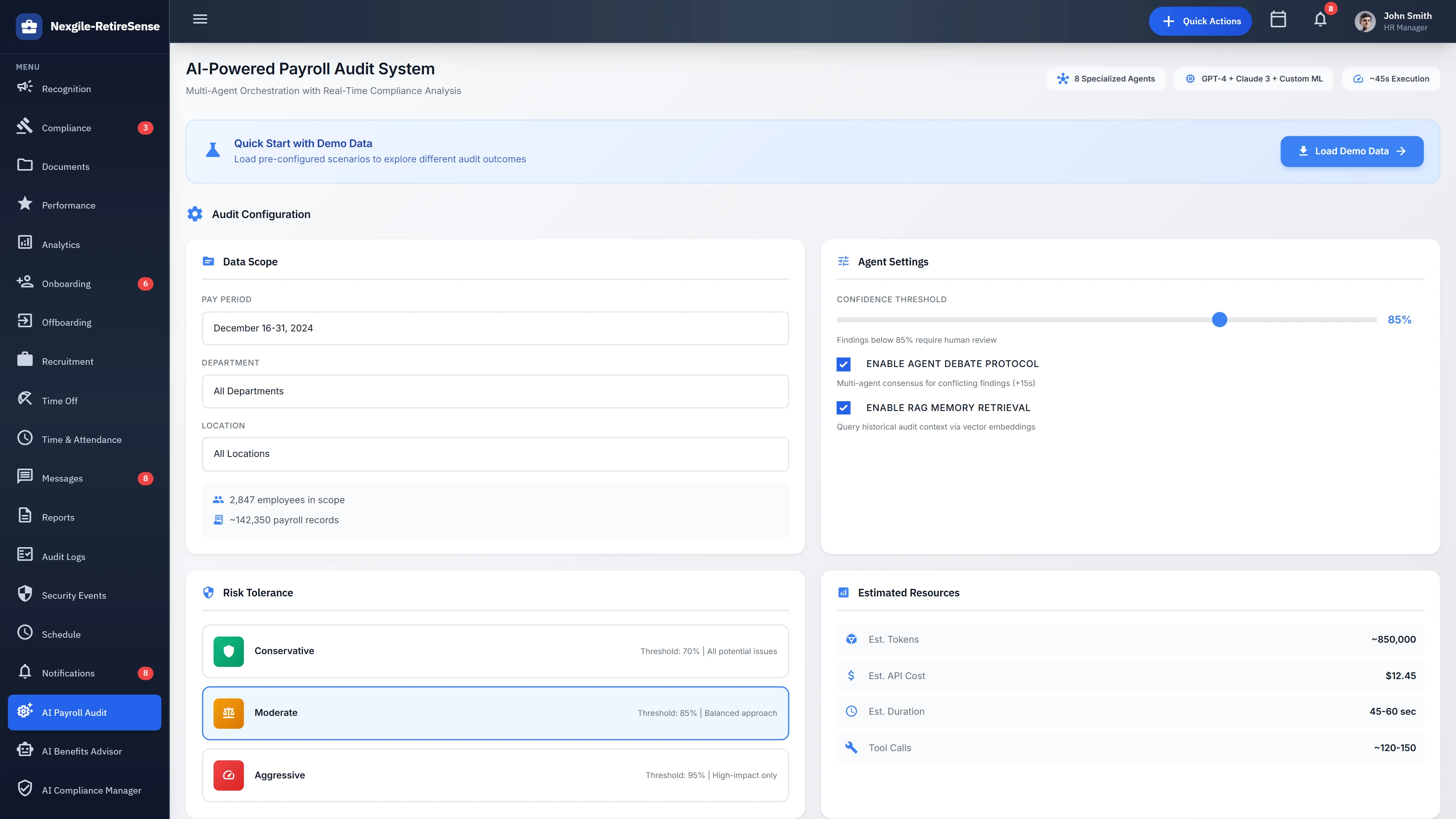 Illustrative preview (sample data, not verified outcomes): Payroll Audit Configuration - Date scope, risk tolerance settings, and agent configuration options