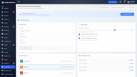 Illustrative preview (sample data, not verified outcomes): Payroll Audit Configuration - Date scope, risk tolerance settings, and agent configuration options