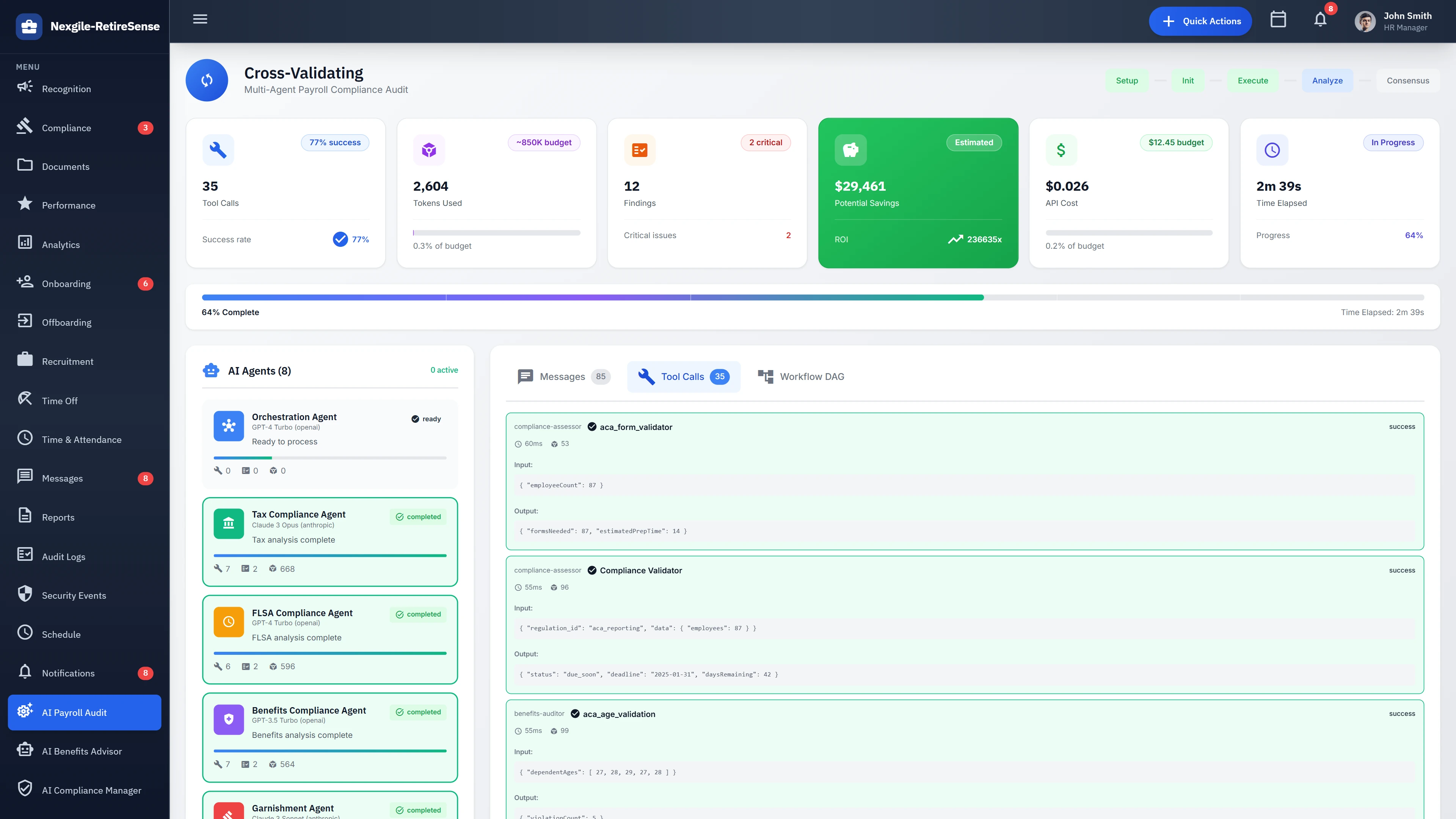 Illustrative preview (sample data, not verified outcomes): Cross-Validation Dashboard - Multi-agent collaboration with real-time audit progress and potential savings
