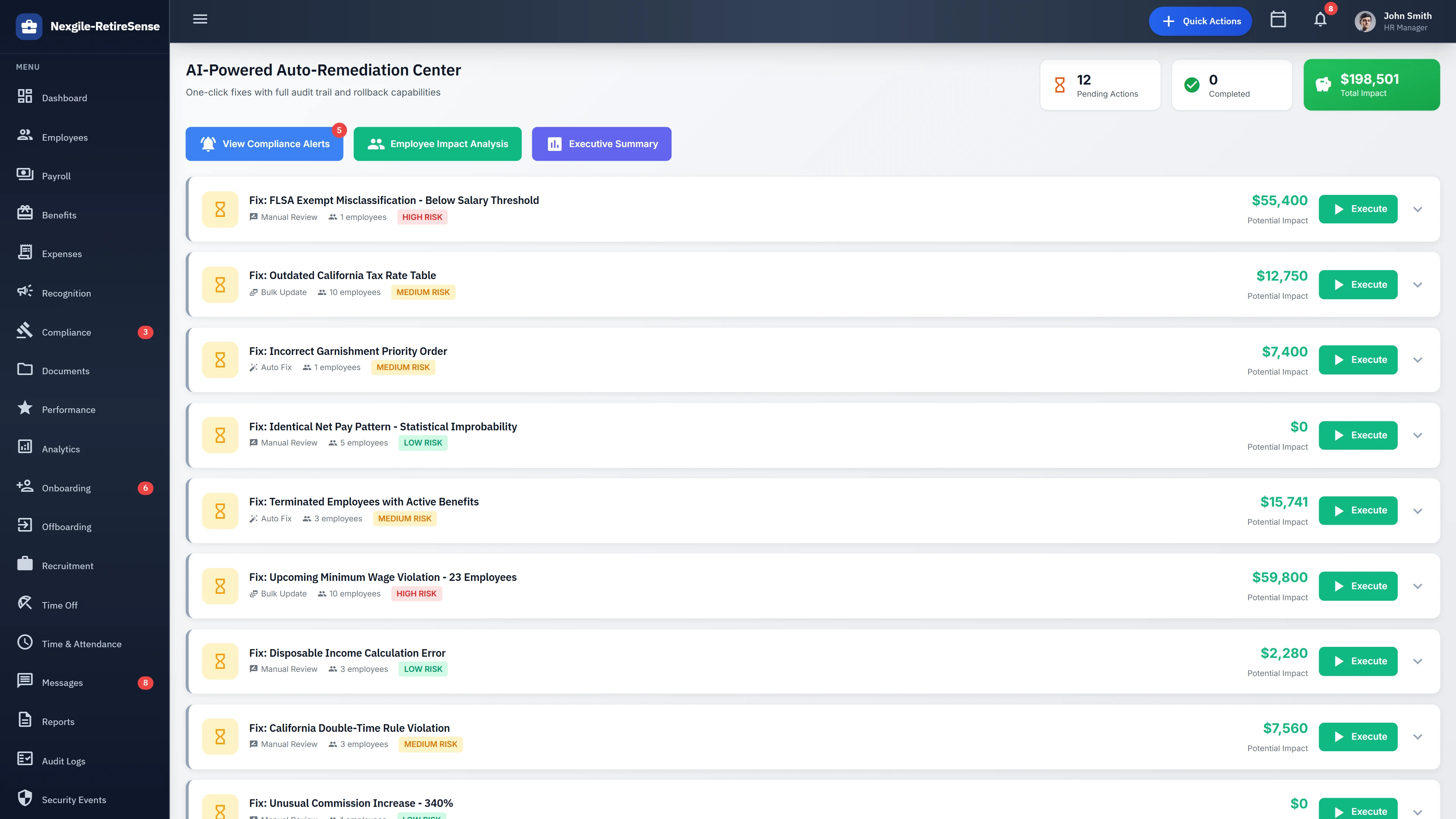 Illustrative preview (sample data, not verified outcomes): Auto-Remediation Center - Compliance alerts with one-click fix options and financial impact