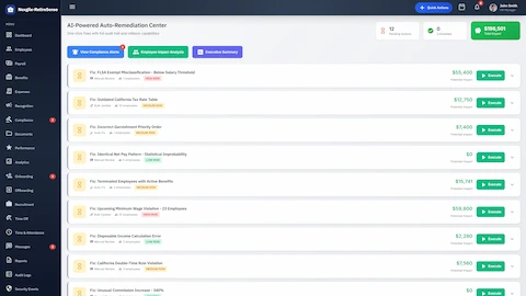 Illustrative preview (sample data, not verified outcomes): Auto-Remediation Center - Compliance alerts with one-click fix options and financial impact