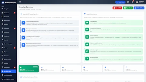 Illustrative preview (sample data, not verified outcomes): Executive Summary - Agentic AI process overview with key achievements and performance metrics