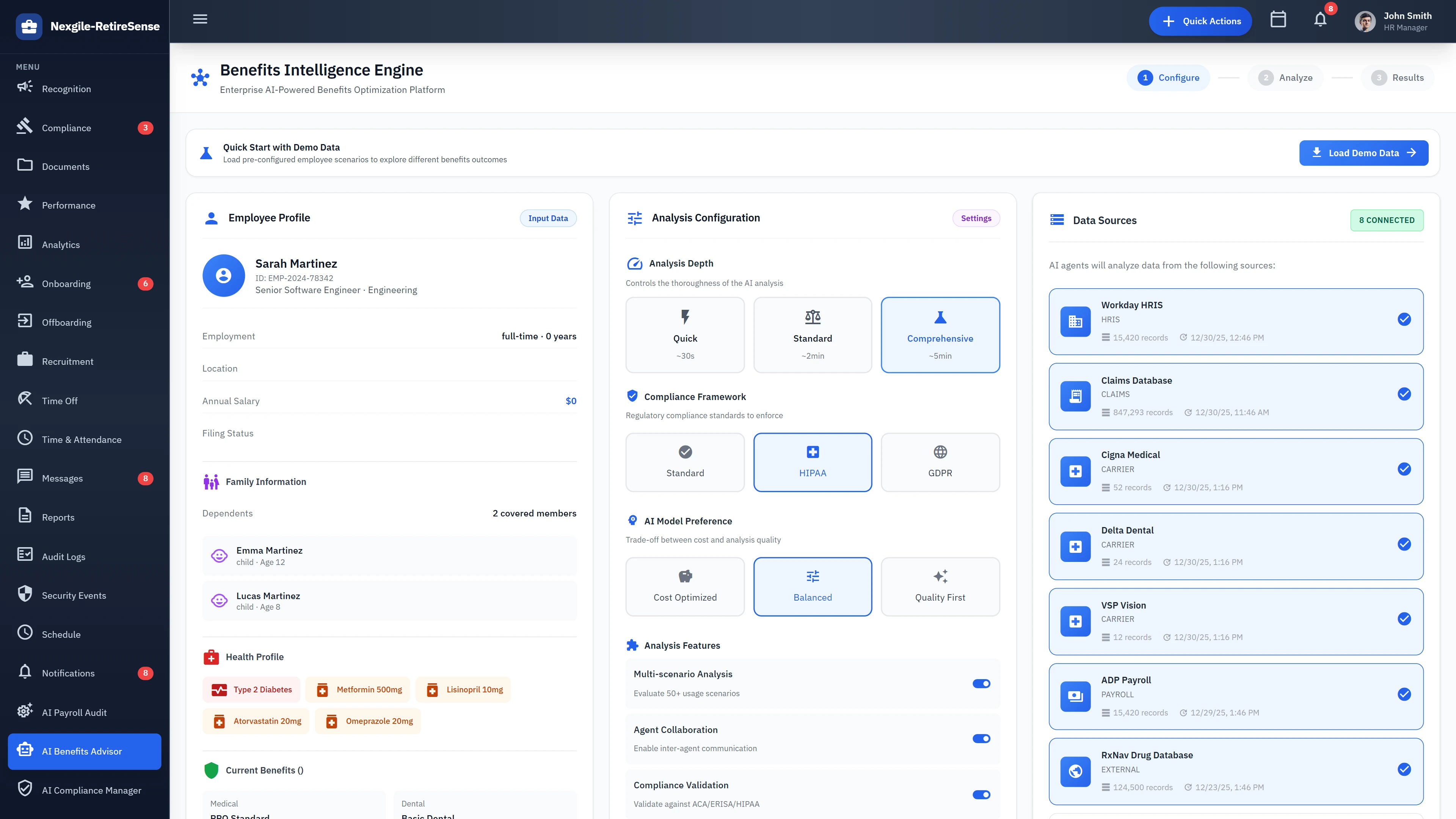 Illustrative preview (sample data, not verified outcomes): Benefits Configuration - Employee profile, analysis depth settings, and connected data sources