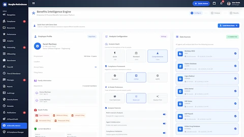 Illustrative preview (sample data, not verified outcomes): Benefits Configuration - Employee profile, analysis depth settings, and connected data sources