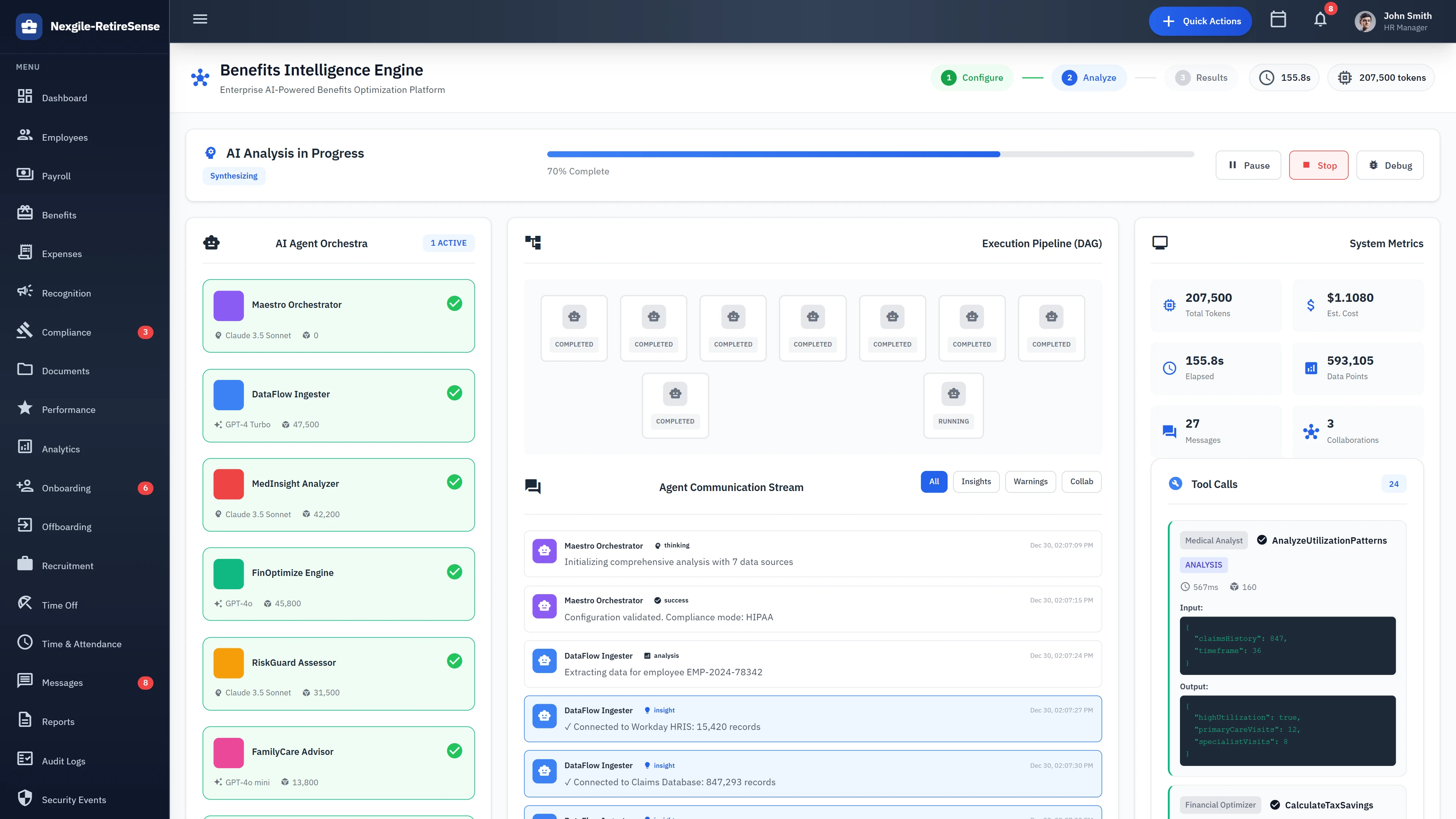 Illustrative preview (sample data, not verified outcomes): AI Analysis - Agent orchestration pipeline with real-time system metrics and communication stream