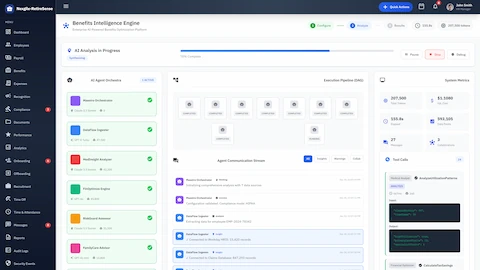 Illustrative preview (sample data, not verified outcomes): AI Analysis - Agent orchestration pipeline with real-time system metrics and communication stream