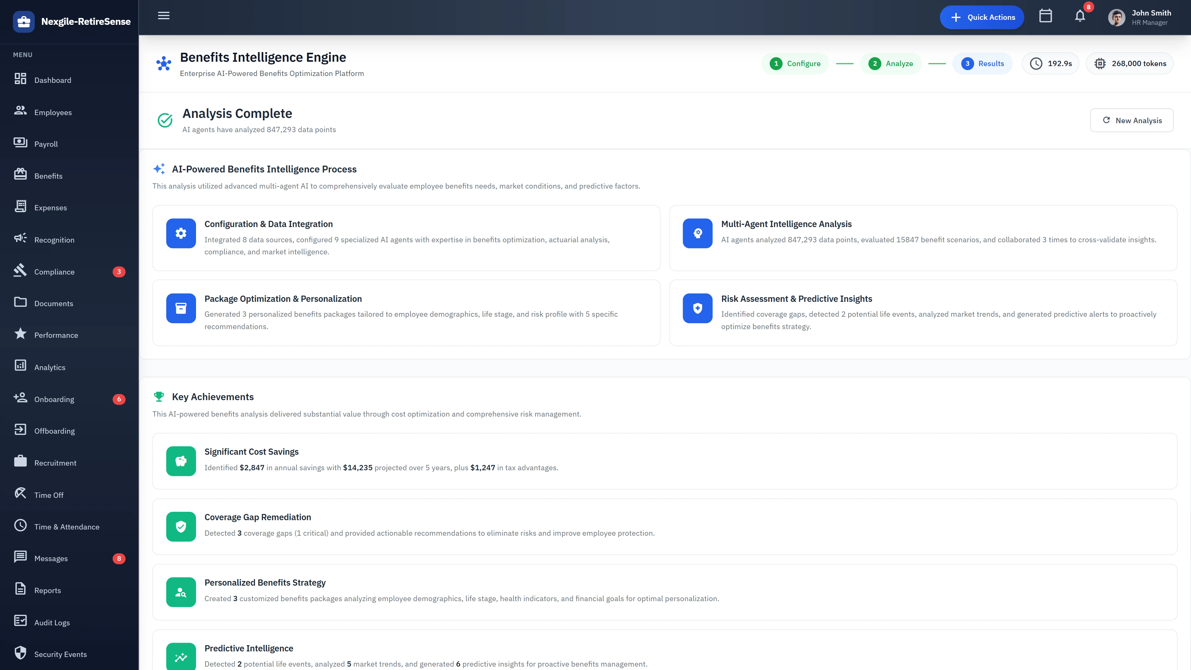 Illustrative preview (sample data, not verified outcomes): Analysis Complete - AI-powered benefits intelligence process with key achievements and cost savings