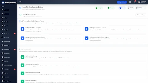 Illustrative preview (sample data, not verified outcomes): Analysis Complete - AI-powered benefits intelligence process with key achievements and cost savings