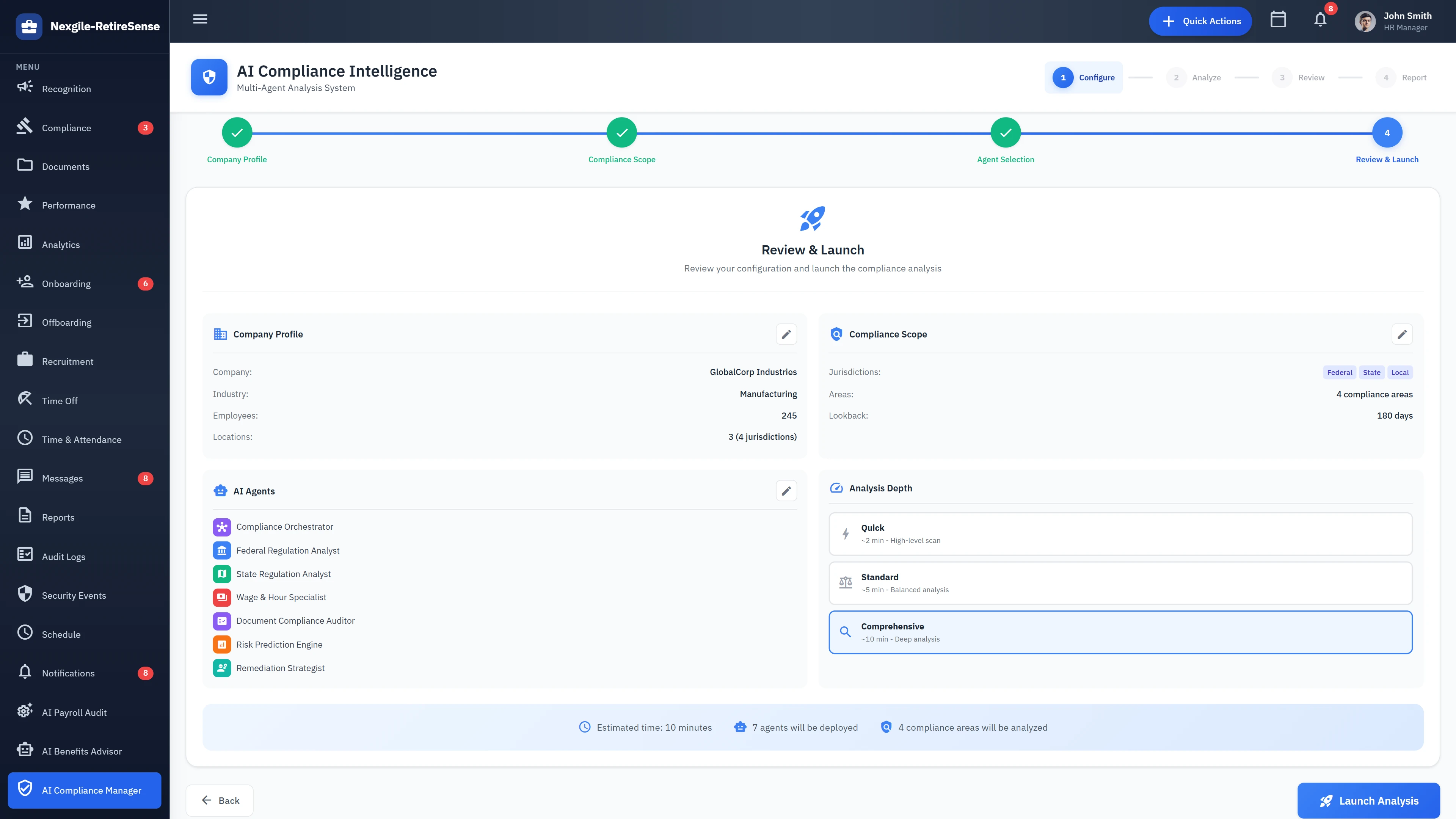 Illustrative preview (sample data, not verified outcomes): Compliance Configuration - Company profile, compliance scope, agent selection, and analysis depth settings