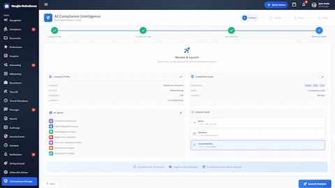 Illustrative preview (sample data, not verified outcomes): Compliance Configuration - Company profile, compliance scope, agent selection, and analysis depth settings