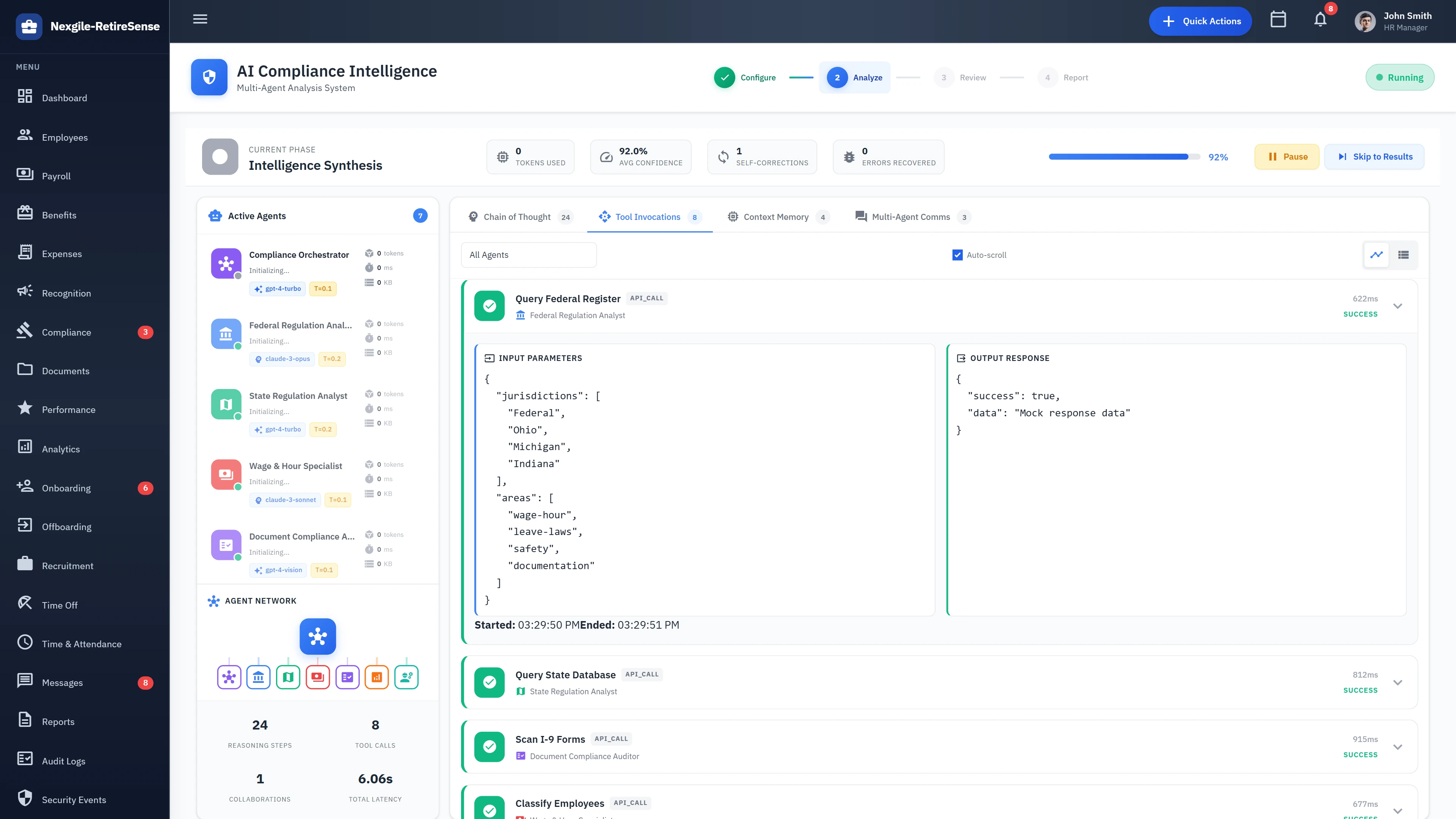 Illustrative preview (sample data, not verified outcomes): Intelligence Synthesis - Active AI agents querying regulatory databases with real-time code analysis