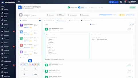 Illustrative preview (sample data, not verified outcomes): Intelligence Synthesis - Active AI agents querying regulatory databases with real-time code analysis