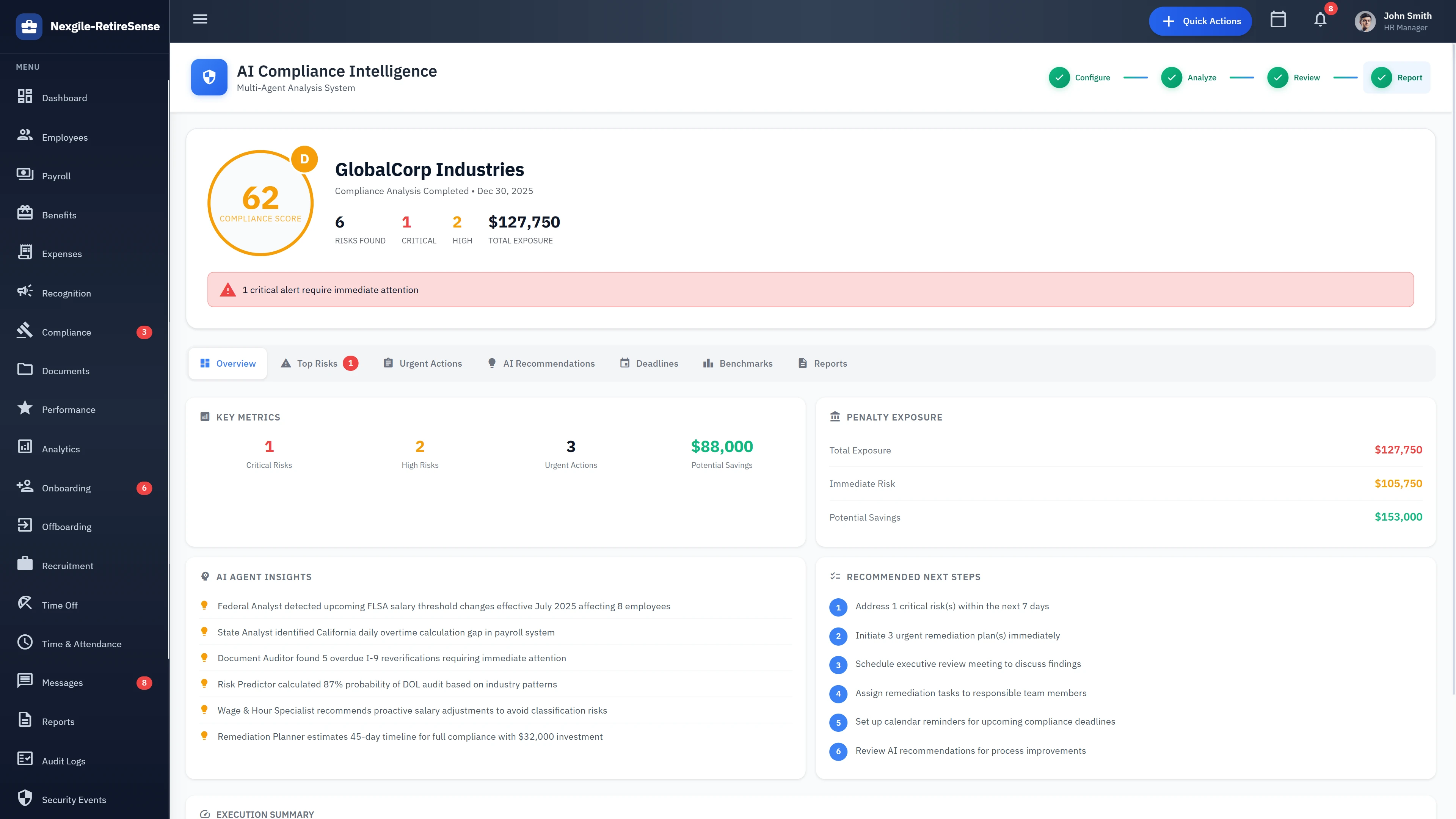 Illustrative preview (sample data, not verified outcomes): Compliance Analysis Results - Risk metrics, penalty exposure, AI agent insights, and recommended next steps
