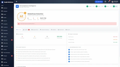 Illustrative preview (sample data, not verified outcomes): Compliance Analysis Results - Risk metrics, penalty exposure, AI agent insights, and recommended next steps