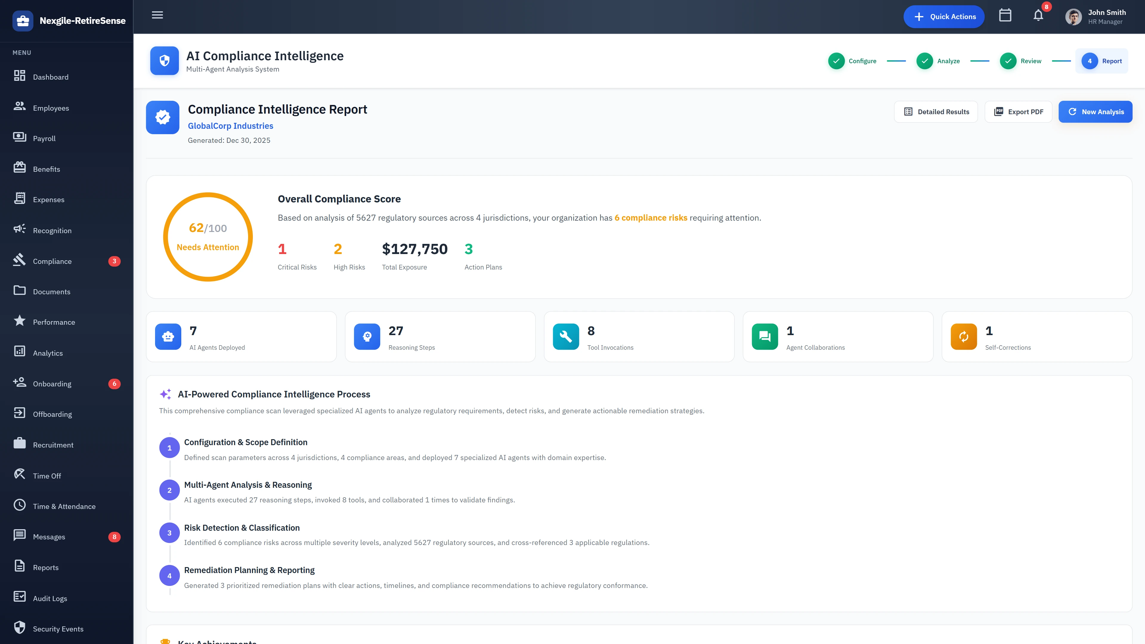 Illustrative preview (sample data, not verified outcomes): Compliance Intelligence Report - Overall compliance score with AI-powered process overview and findings summary