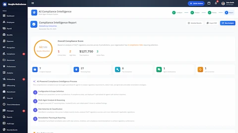 Illustrative preview (sample data, not verified outcomes): Compliance Intelligence Report - Overall compliance score with AI-powered process overview and findings summary