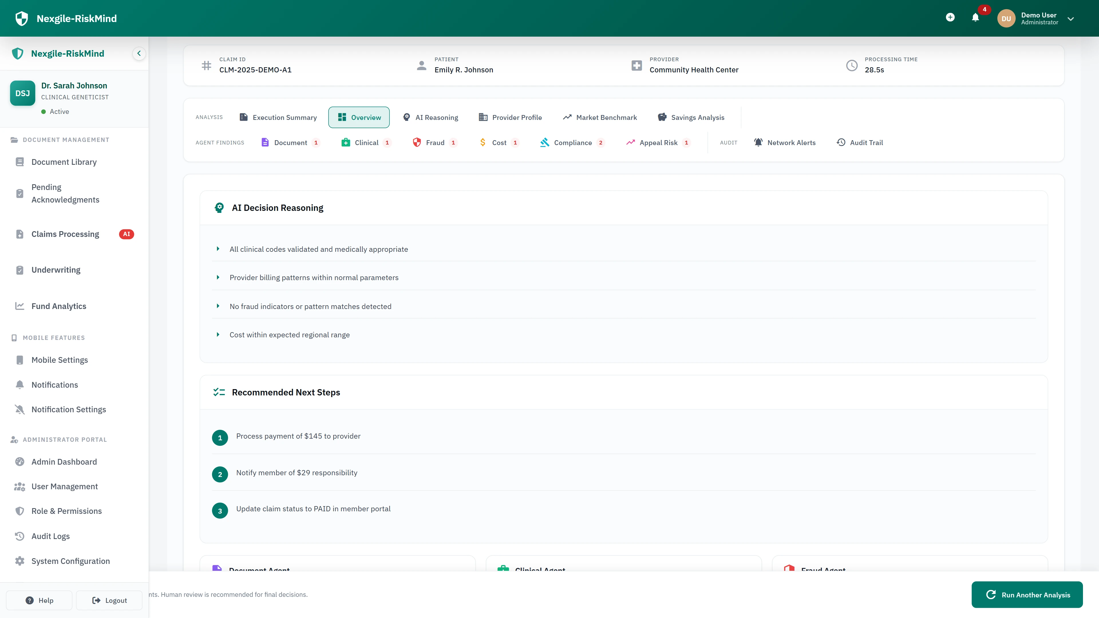 Illustrative preview (sample data, not verified outcomes): Claims Risk Assessment - Final decision and compliance review
