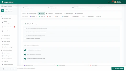 Illustrative preview (sample data, not verified outcomes): Claims Risk Assessment - Final decision and compliance review