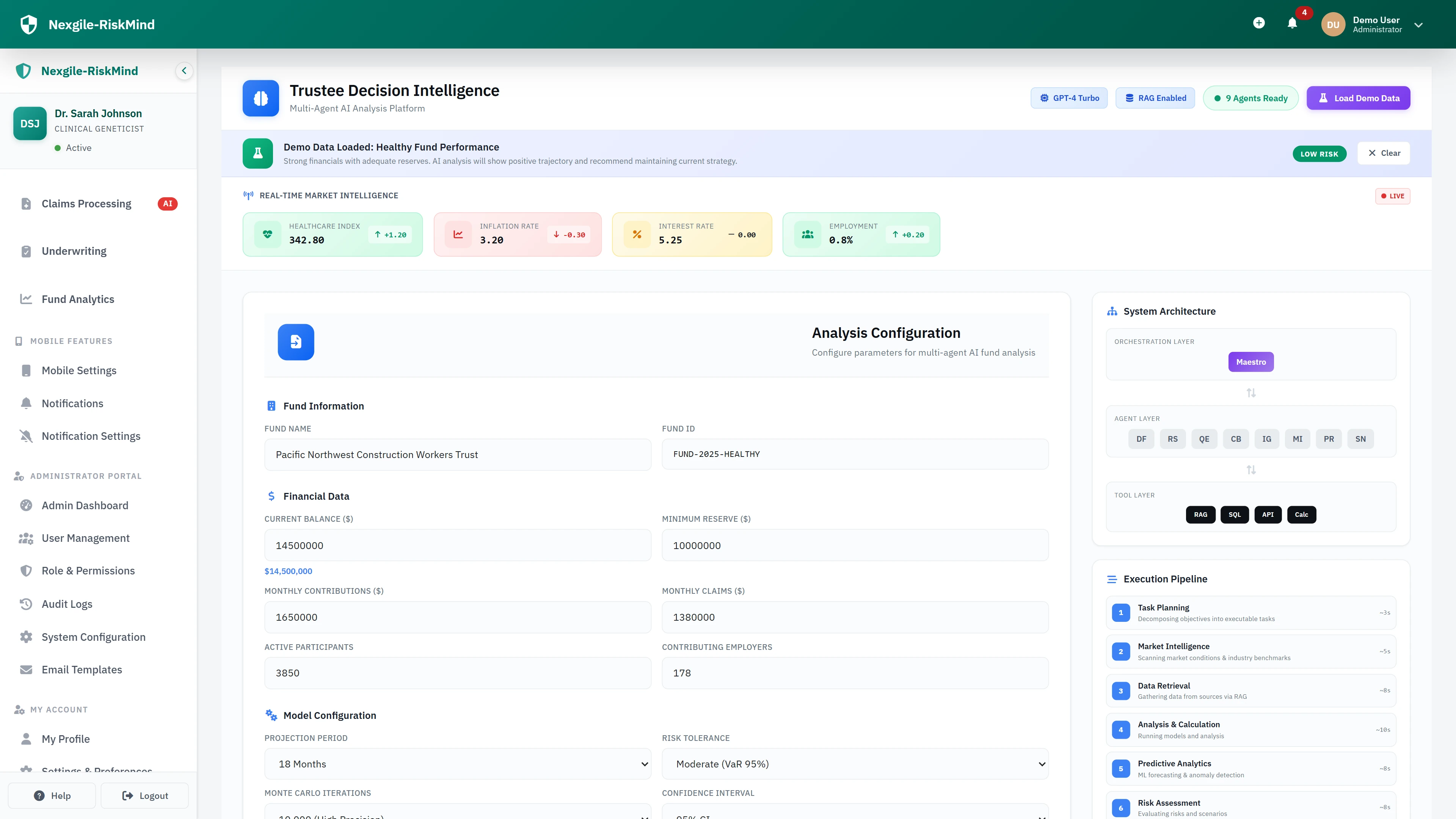 Illustrative preview (sample data, not verified outcomes): Trustee Decision Intelligence - Multi-agent orchestration dashboard