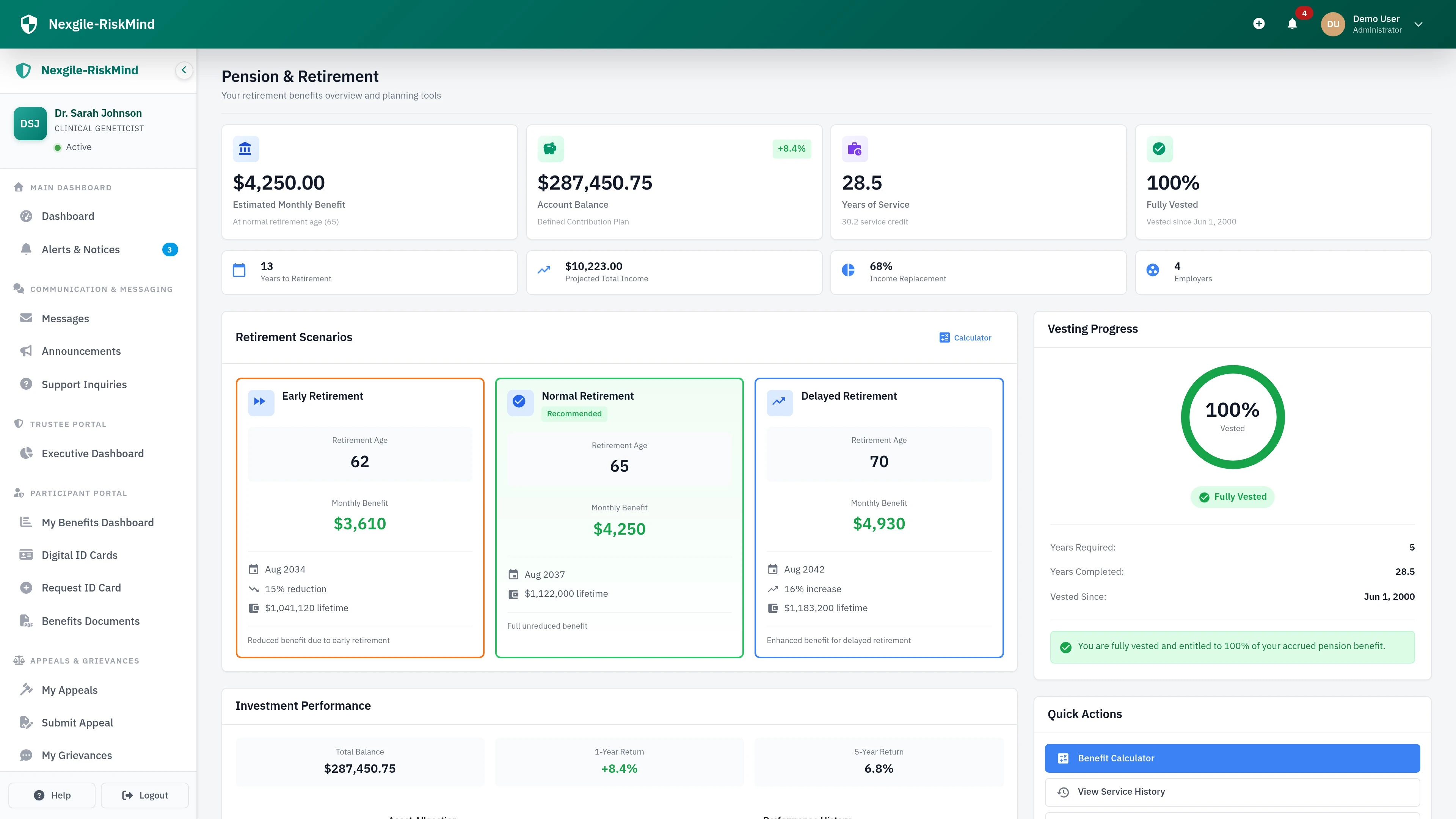 Illustrative preview (sample data, not verified outcomes): Pension Portal - Member pension account dashboard and retirement planning interface