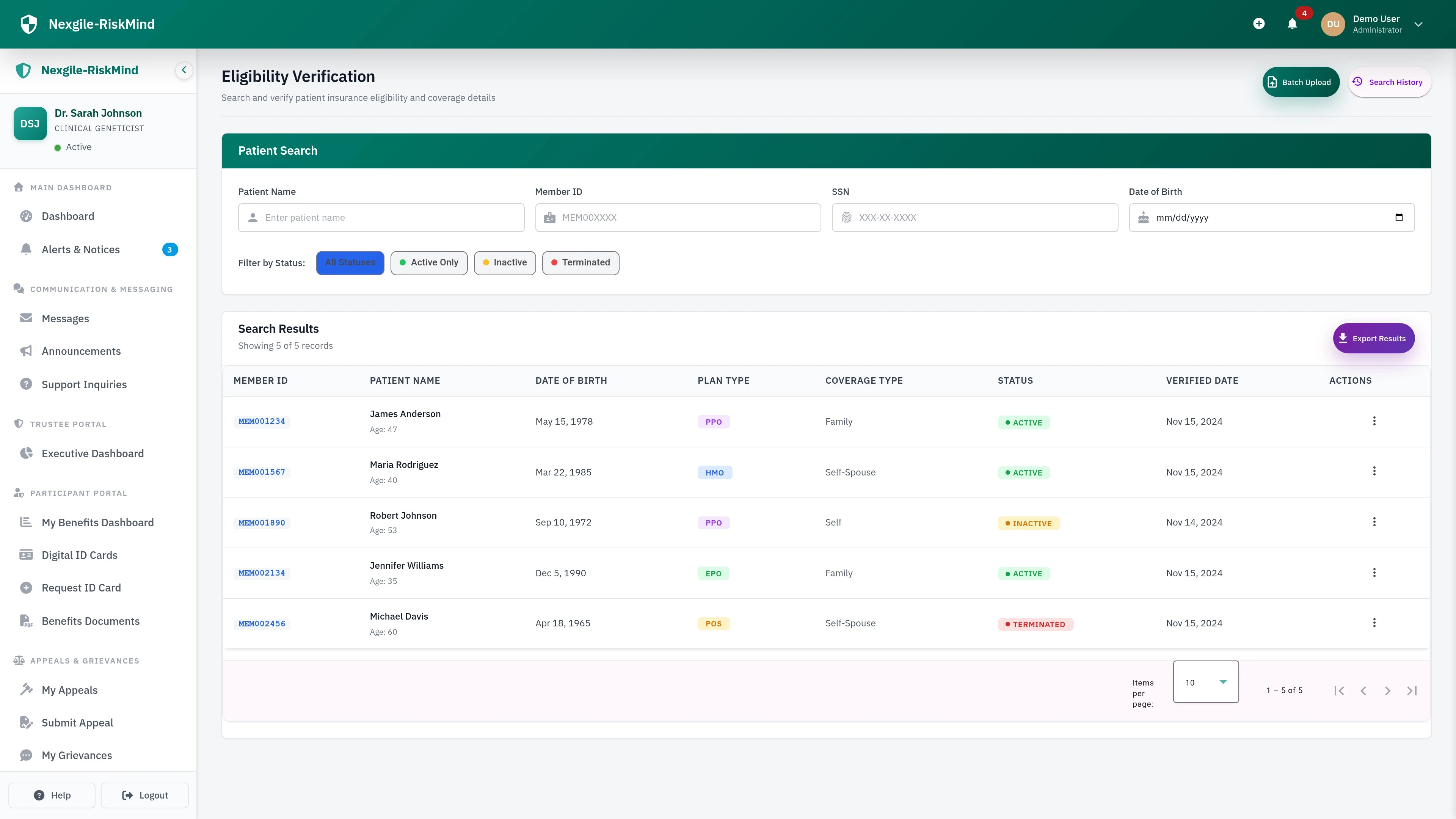 Illustrative preview (sample data, not verified outcomes): Provider Eligibility Portal - Real-time member eligibility verification interface