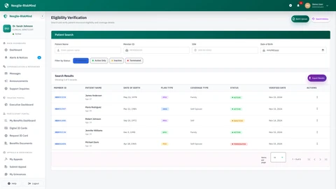 Illustrative preview (sample data, not verified outcomes): Provider Eligibility Portal - Real-time member eligibility verification interface
