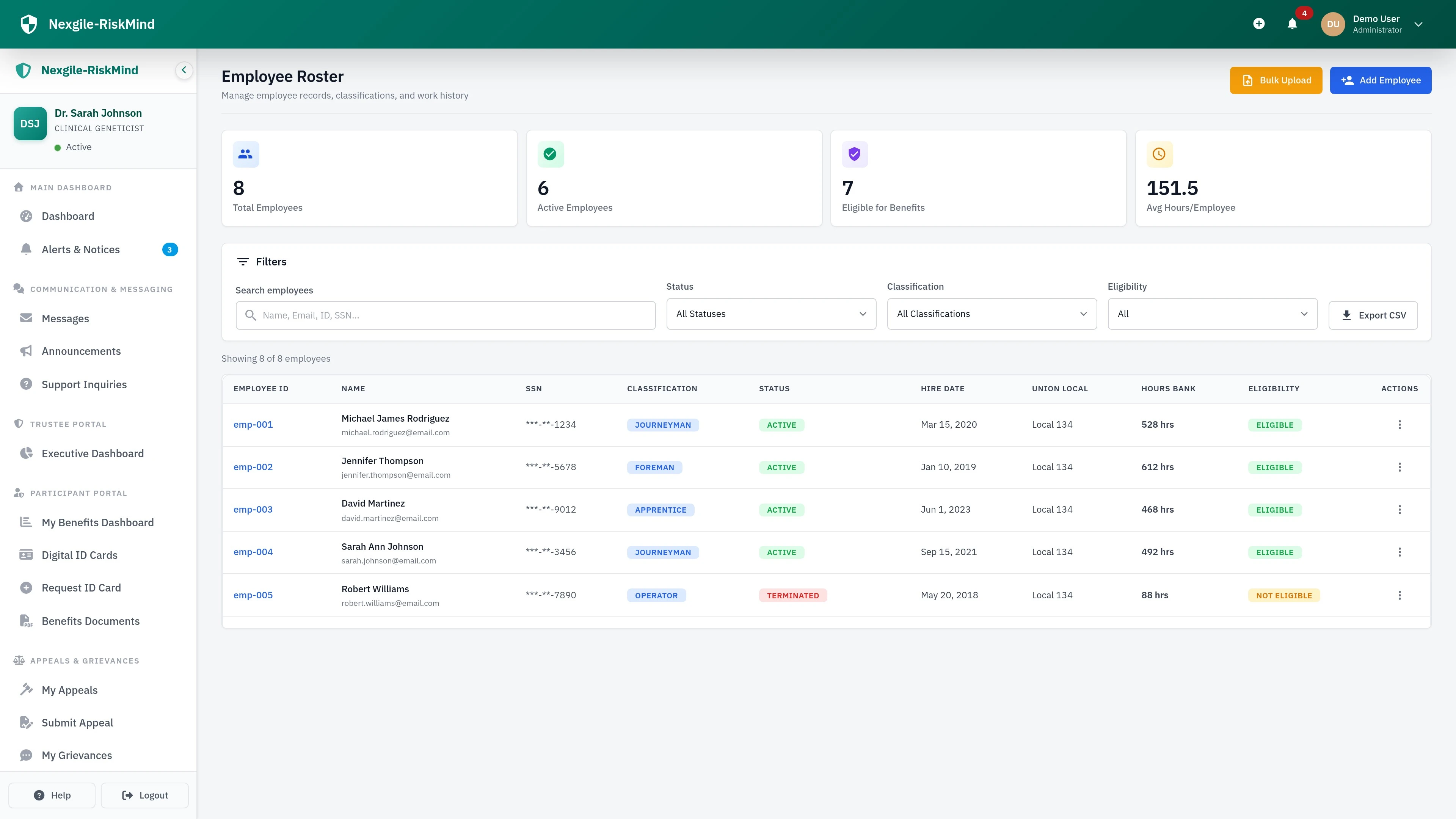 Illustrative preview (sample data, not verified outcomes): Employer Roster Portal - Employee roster management and work hours reporting interface