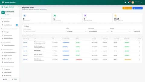 Illustrative preview (sample data, not verified outcomes): Employer Roster Portal - Employee roster management and work hours reporting interface