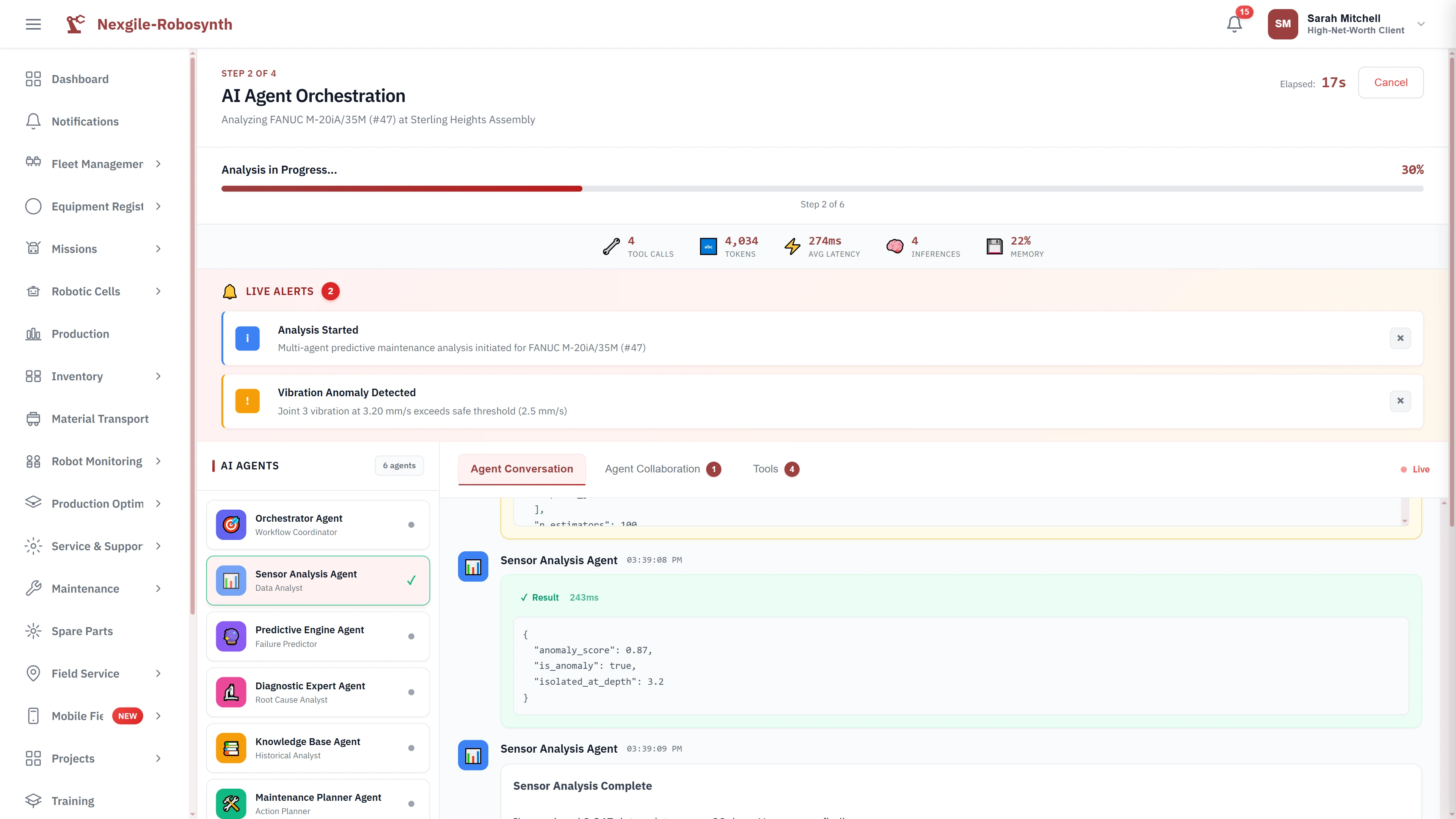 Illustrative preview (sample data, not verified outcomes): Multi-agent orchestration dashboard tracking real-time analysis progress with six specialized AI agents collaborating on predictive maintenance