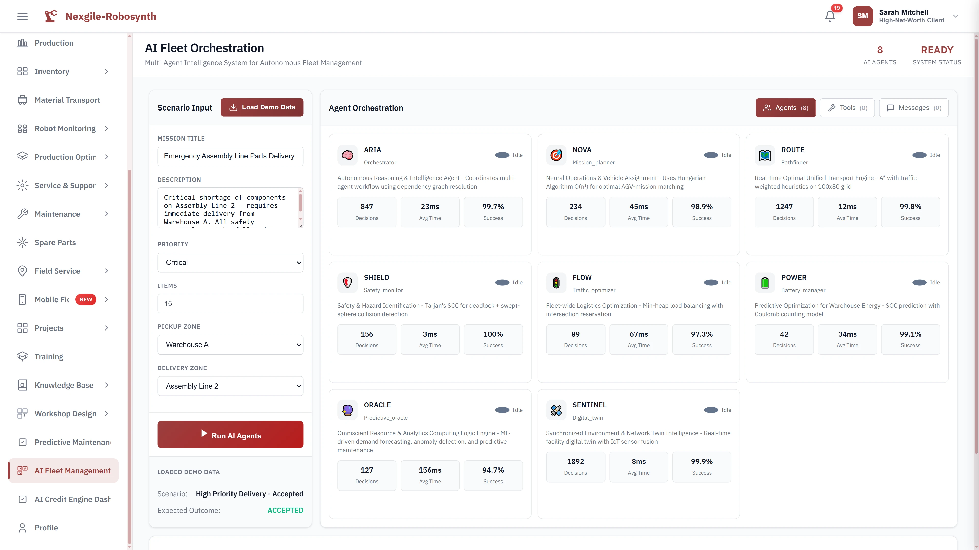 Illustrative preview (sample data, not verified outcomes): AI Fleet Orchestration setup displaying 8 specialized agents (ARIA, NOVA, ROUTE, SHIELD, FLOW, POWER, ORACLE, SENTINEL) ready for autonomous fleet management