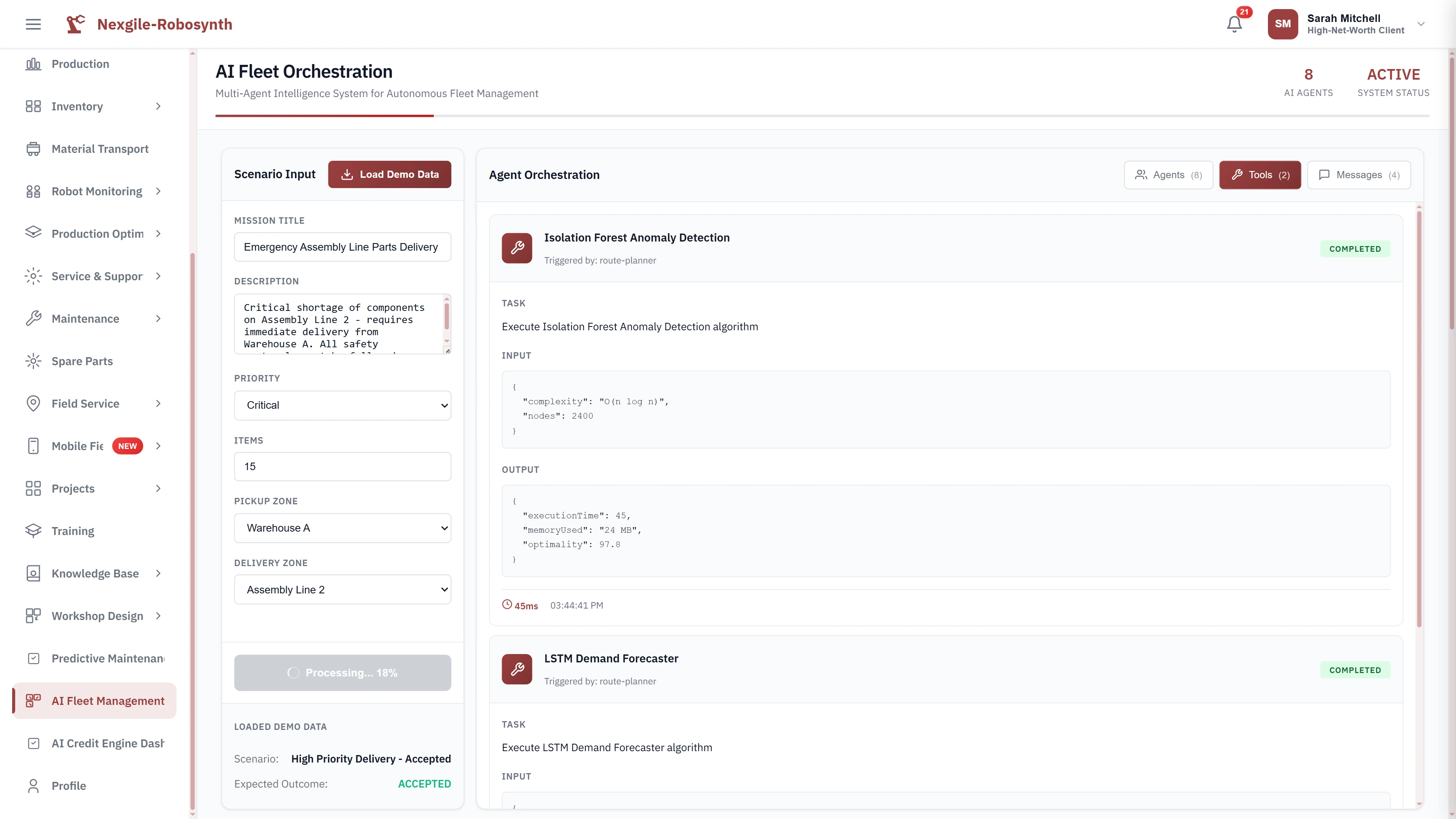 Illustrative preview (sample data, not verified outcomes): Active agent processing showing real-time execution of predictive algorithms including Isolation Forest anomaly detection and LSTM demand forecasting