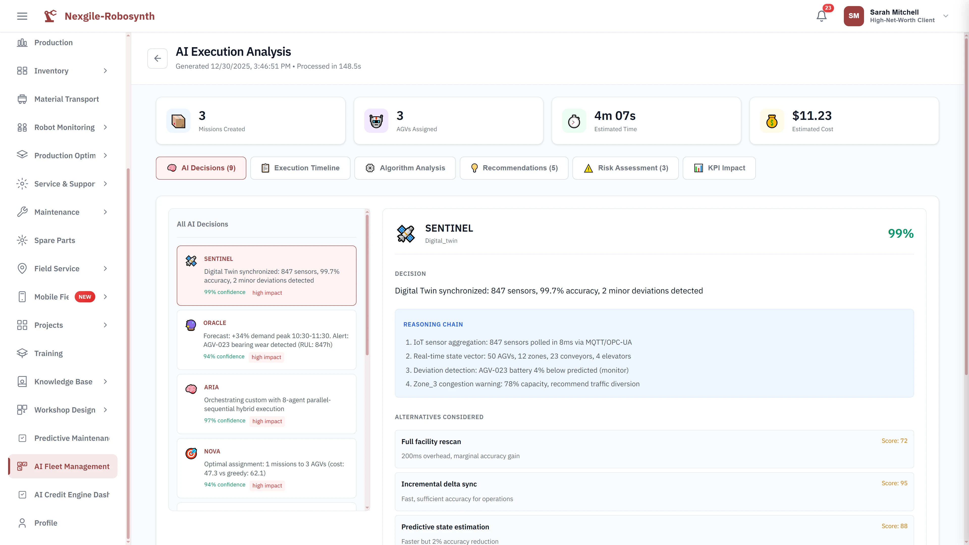Illustrative preview (sample data, not verified outcomes): AI execution analysis presenting detailed agent decisions with 99% confidence digital twin synchronization and optimal mission assignment recommendations
