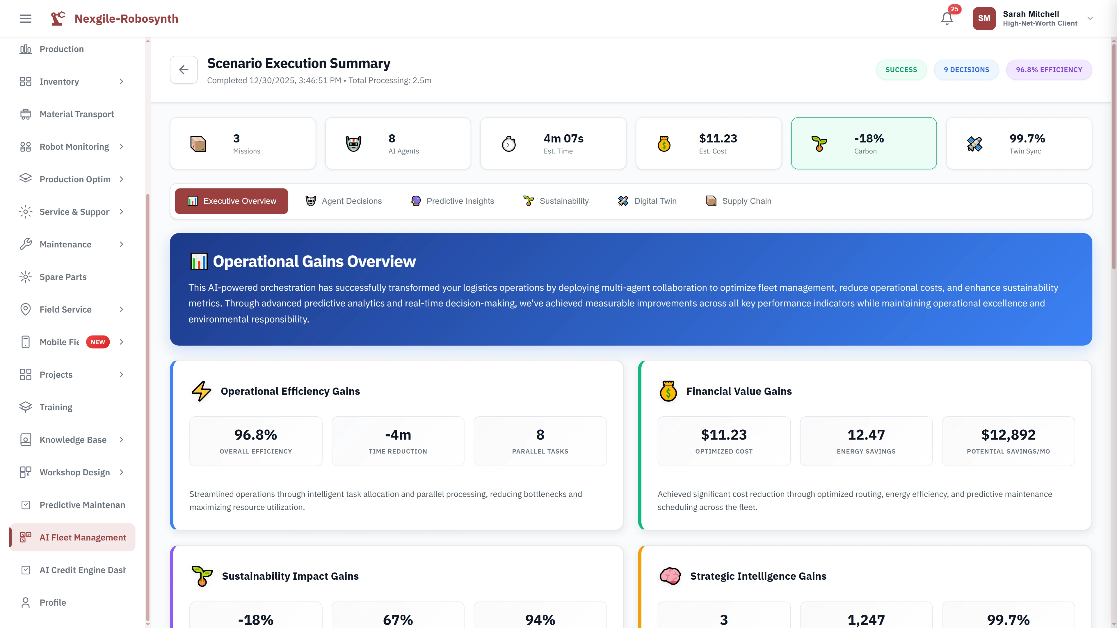 Illustrative preview (sample data, not verified outcomes): Scenario execution summary showcasing 96.8% efficiency with operational gains, $12,892 potential monthly savings, and 18% carbon reduction