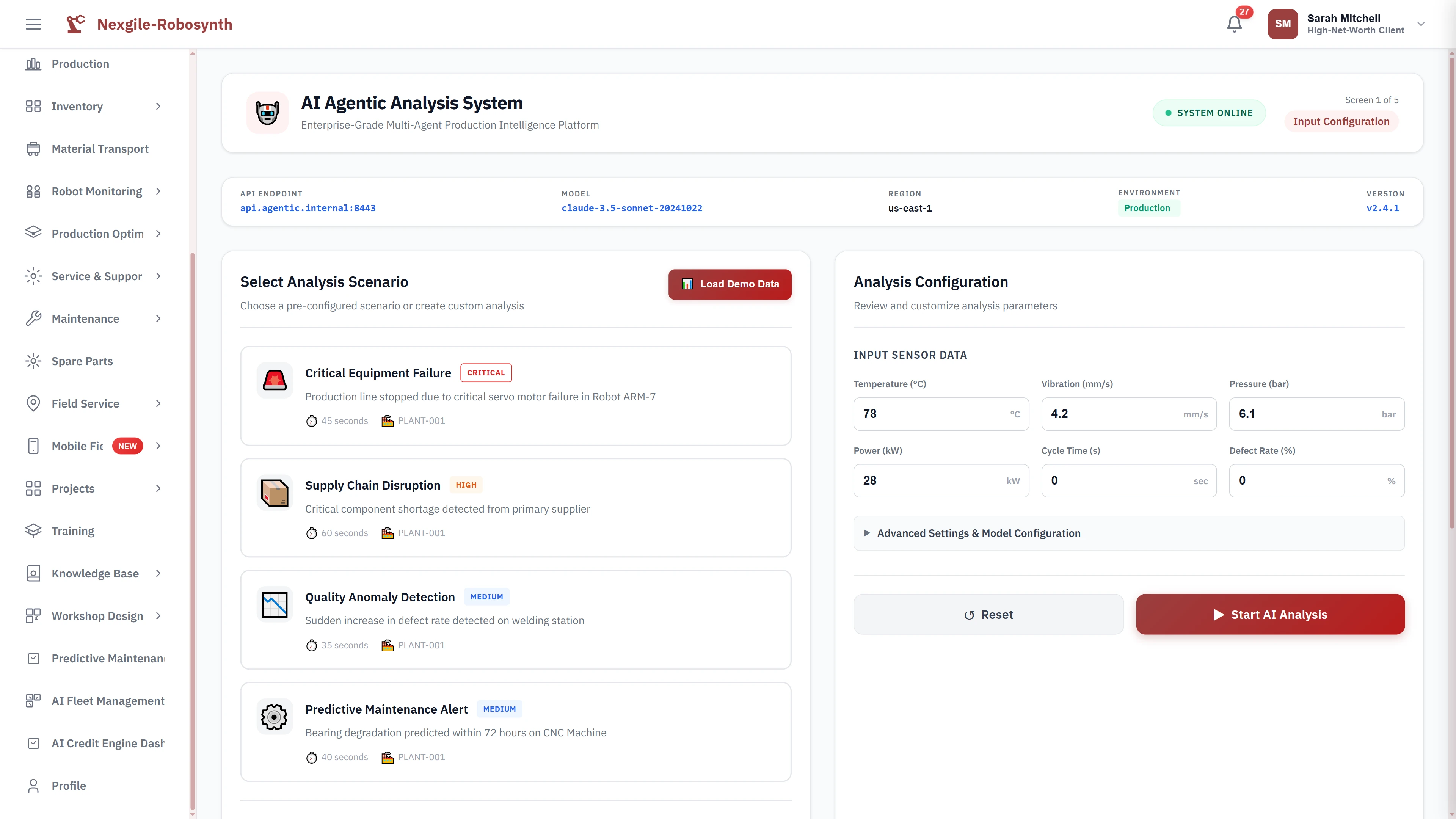 Illustrative preview (sample data, not verified outcomes): Crisis scenario selection interface with pre-configured scenarios and sensor data configuration for comprehensive multi-agent production analysis