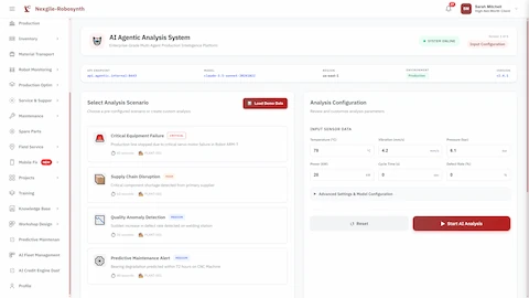Illustrative preview (sample data, not verified outcomes): Crisis scenario selection interface with pre-configured scenarios and sensor data configuration for comprehensive multi-agent production analysis