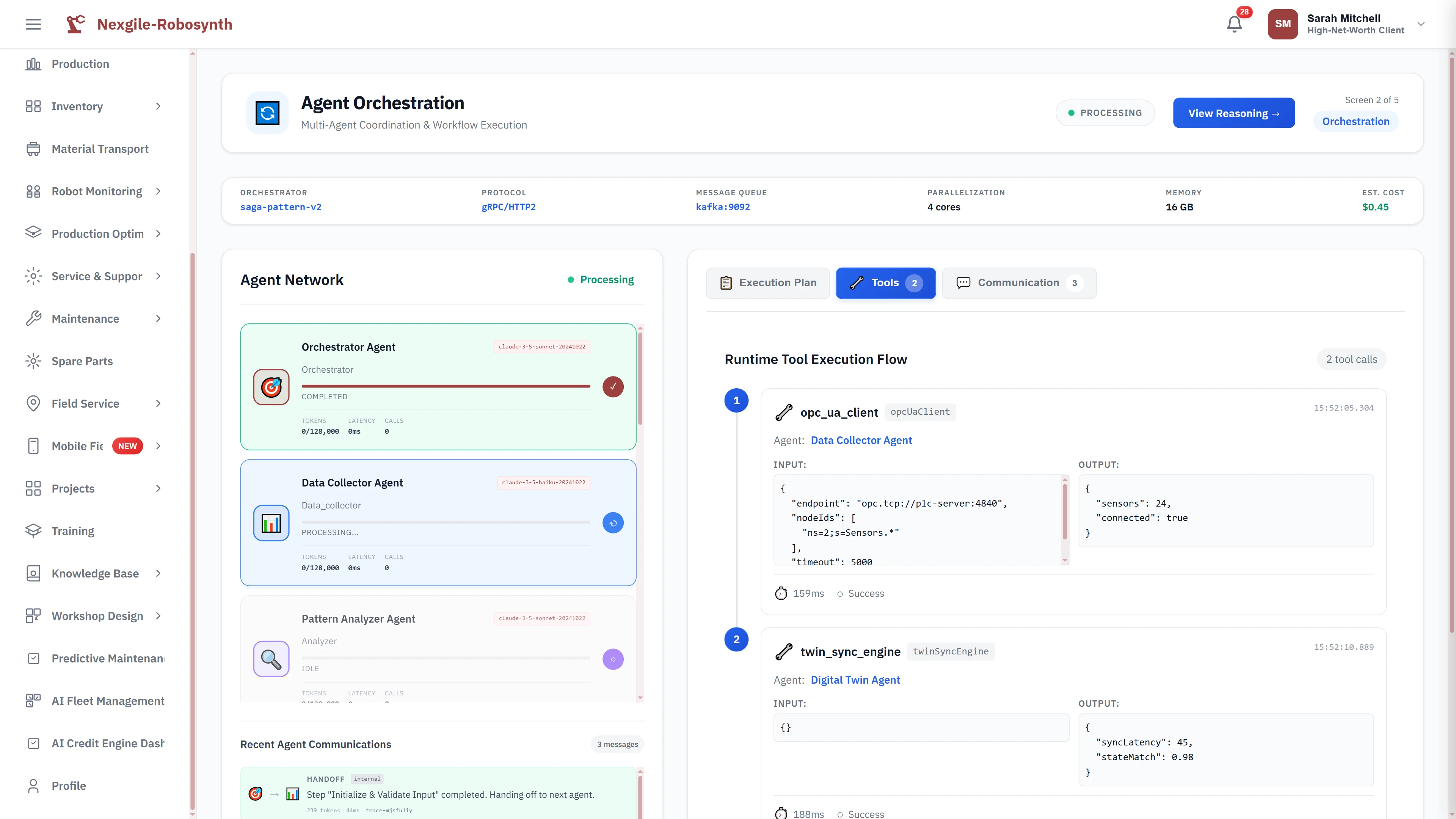 Illustrative preview (sample data, not verified outcomes): Agent orchestration workflow displaying real-time tool execution flow with OPC-UA data collection and digital twin synchronization