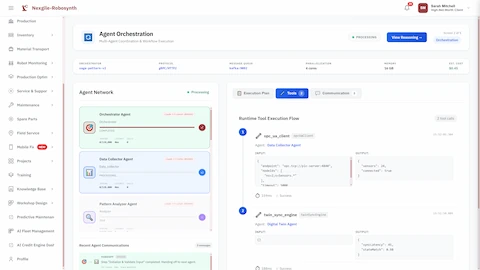 Illustrative preview (sample data, not verified outcomes): Agent orchestration workflow displaying real-time tool execution flow with OPC-UA data collection and digital twin synchronization