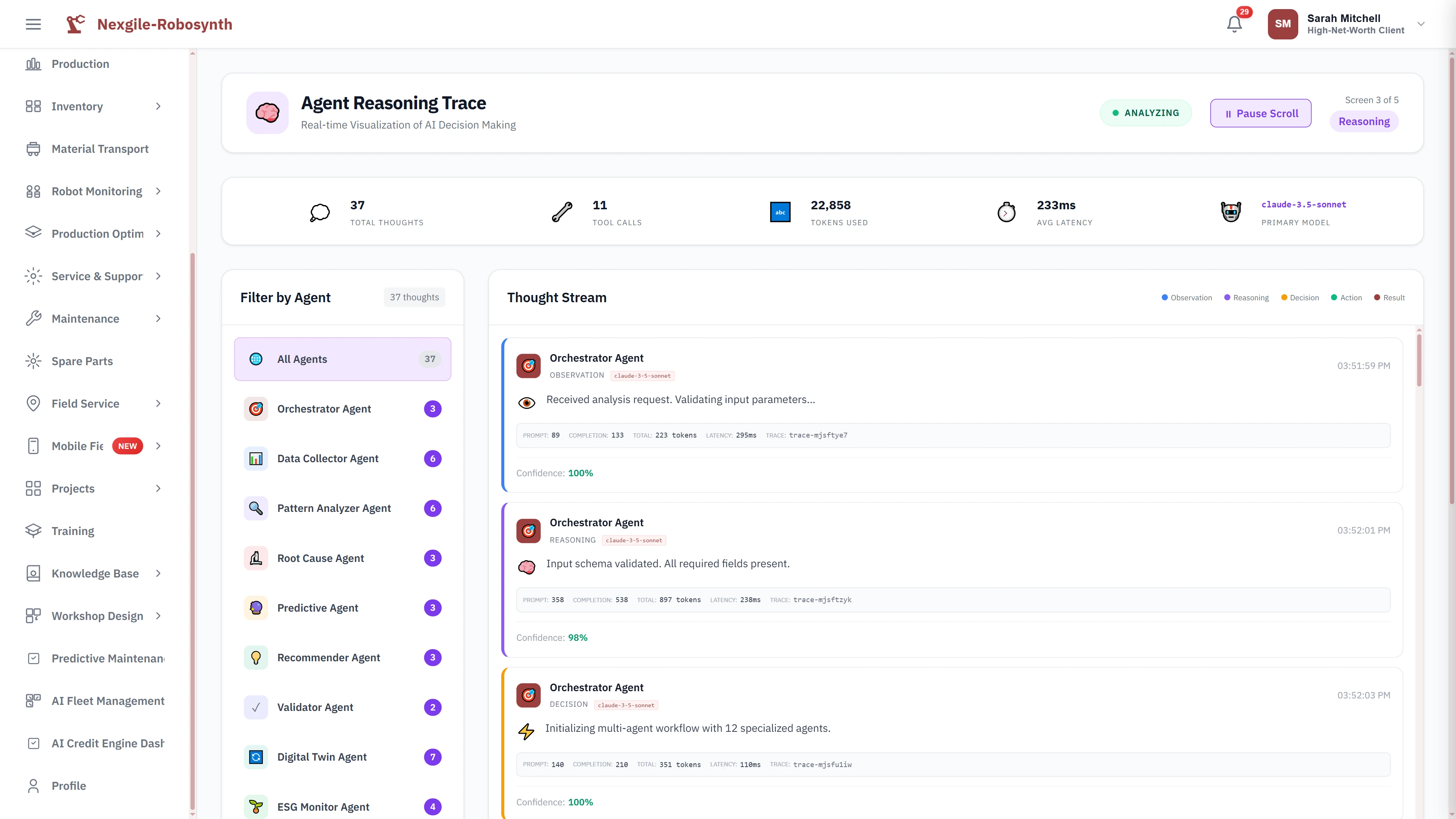 Illustrative preview (sample data, not verified outcomes): Live agent reasoning trace visualizing 37 thoughts across 10 specialized agents with real-time confidence scoring and decision tracking