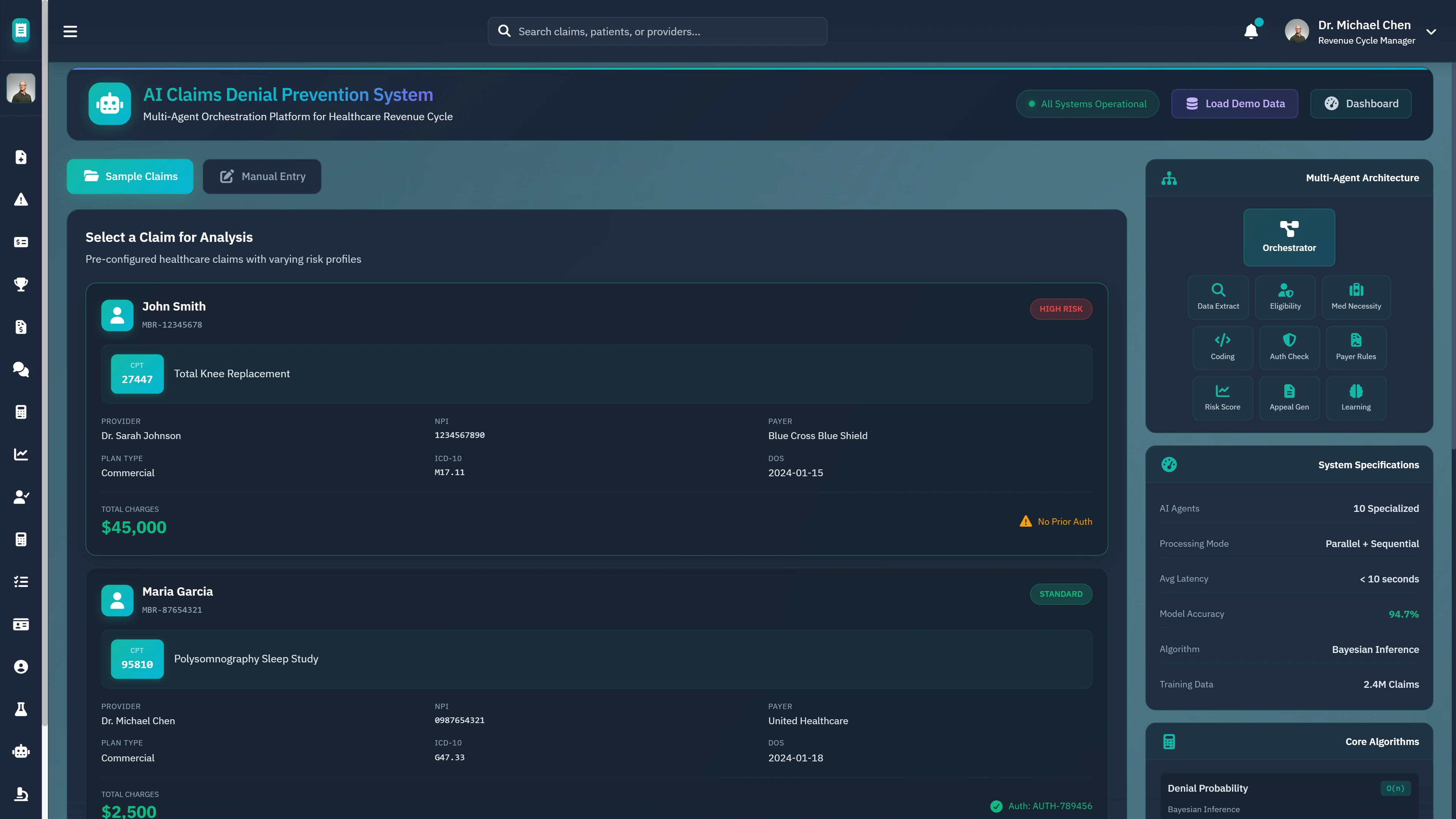 Illustrative preview (sample data, not verified outcomes): Claim Selection Interface - Pre-configured healthcare claims with risk profiles and denial probability scoring