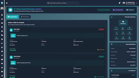 Illustrative preview (sample data, not verified outcomes): Claim Selection Interface - Pre-configured healthcare claims with risk profiles and denial probability scoring
